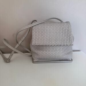Christopher Kon Woven Leather Flap Adjustable Strap Crossbody Bag Light Gray